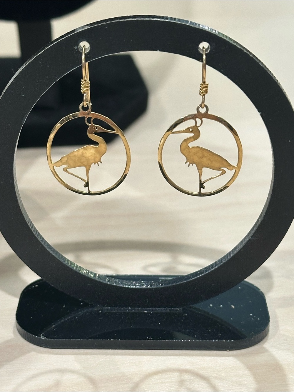 Vintage Wild Bryde Hammered Golden Crane Hoop Drop Earrings